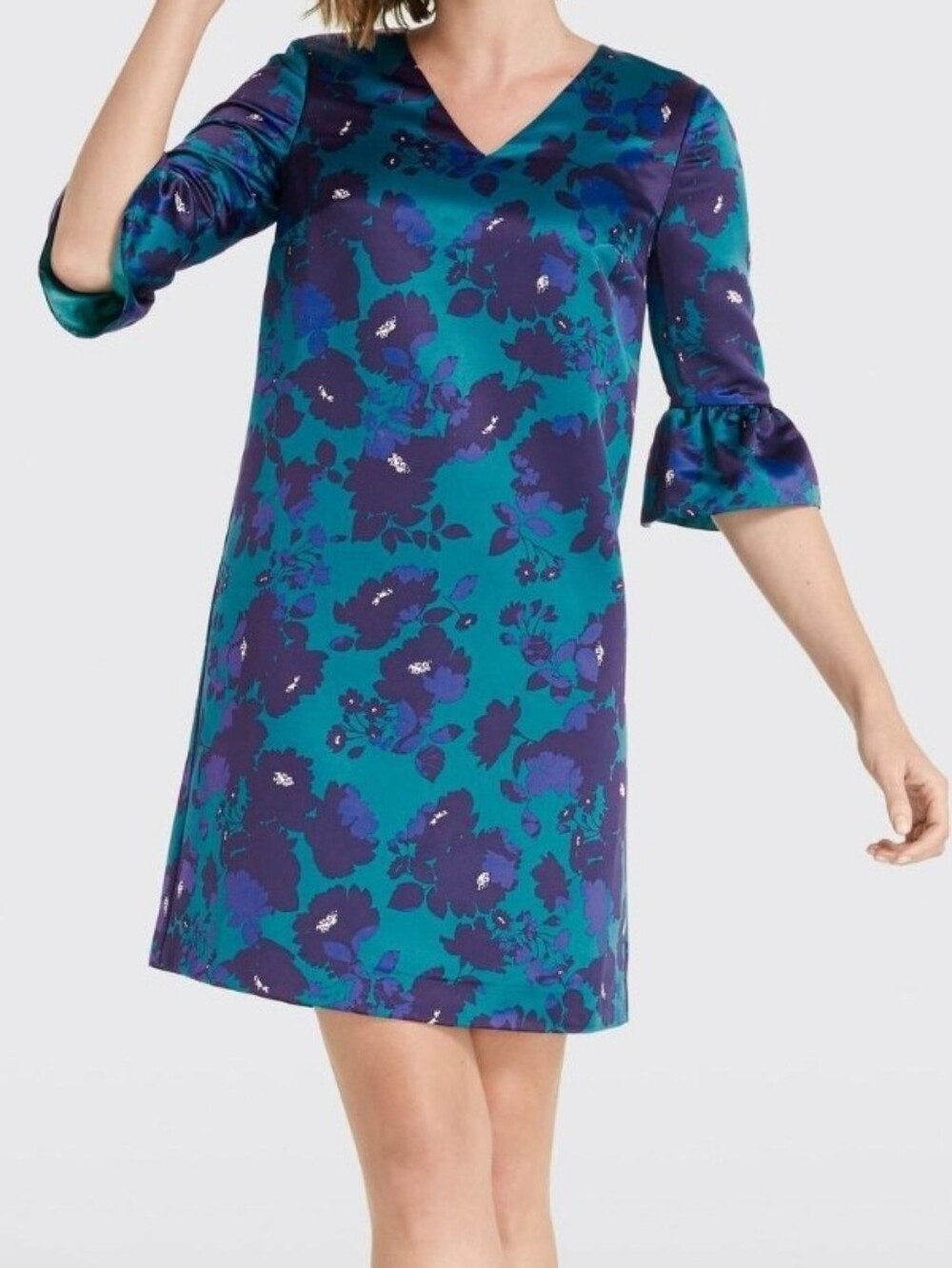 Draper James Teal Blue Floral V-Neck Ruffle Sleeve Dress‎ Size 2